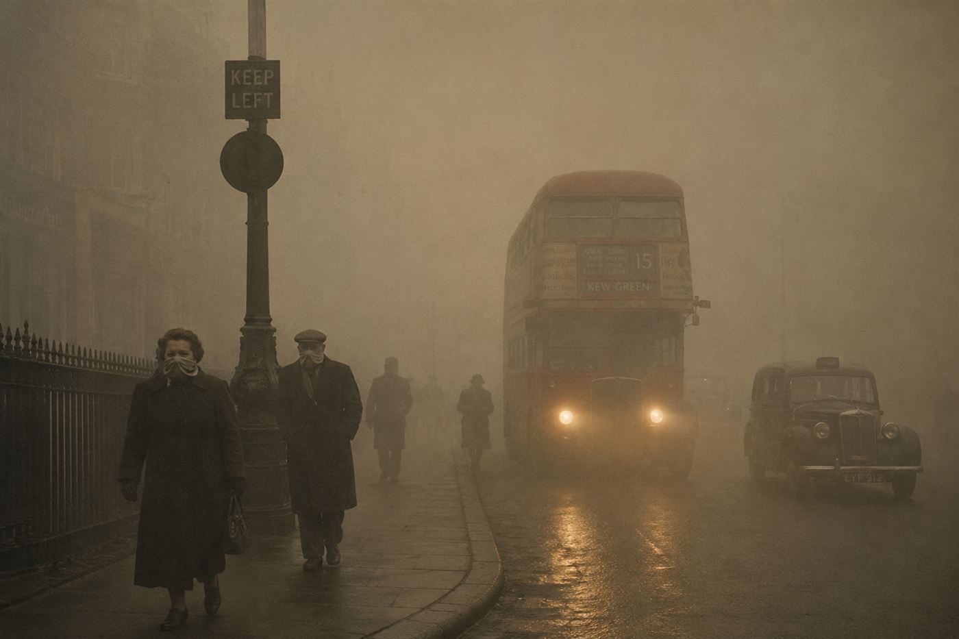 A dense yellow-grey smog engulfing a London street in December 1952, Victorian brick buildings barely visible, a red double-decker bus with its headlights on emerging from the London fog