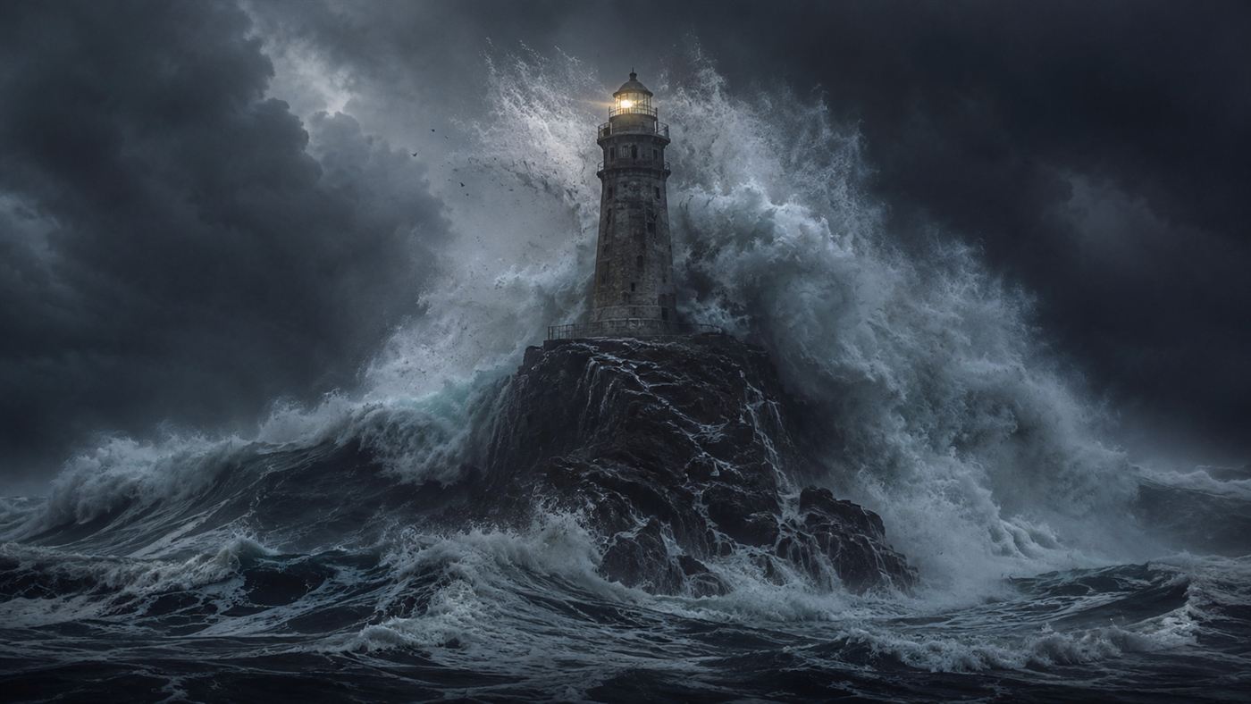 A lighthouse engulfed by enormous storm waves at night during the Great Storm of 1703