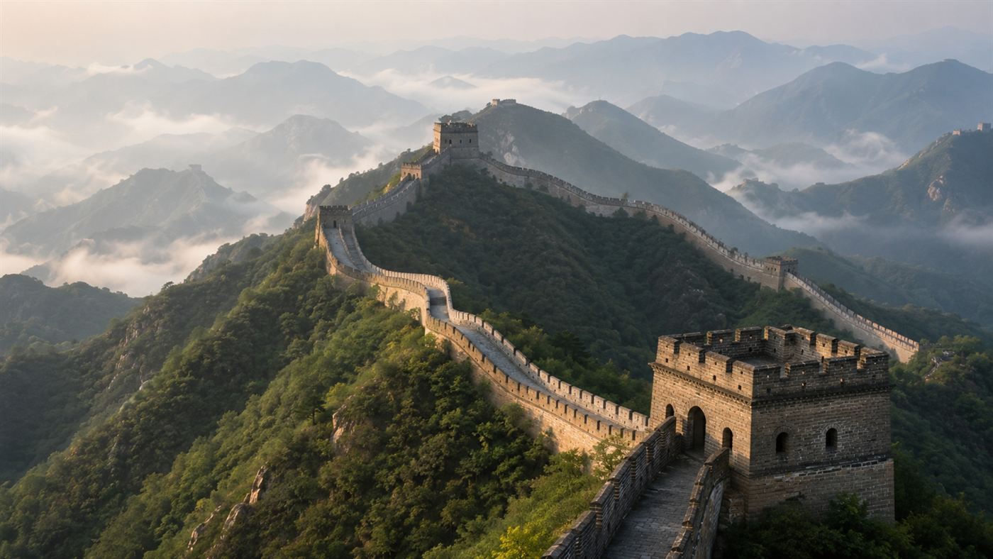 The Great Wall of China snaking along a misty mountain ridge