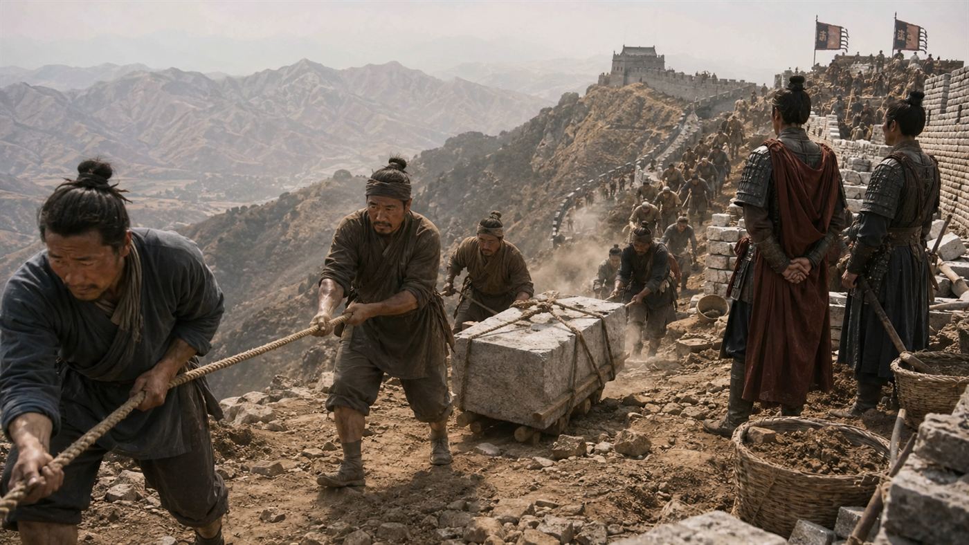 Ancient laborers hauling stone to build the Great Wall of China on a mountain ridge