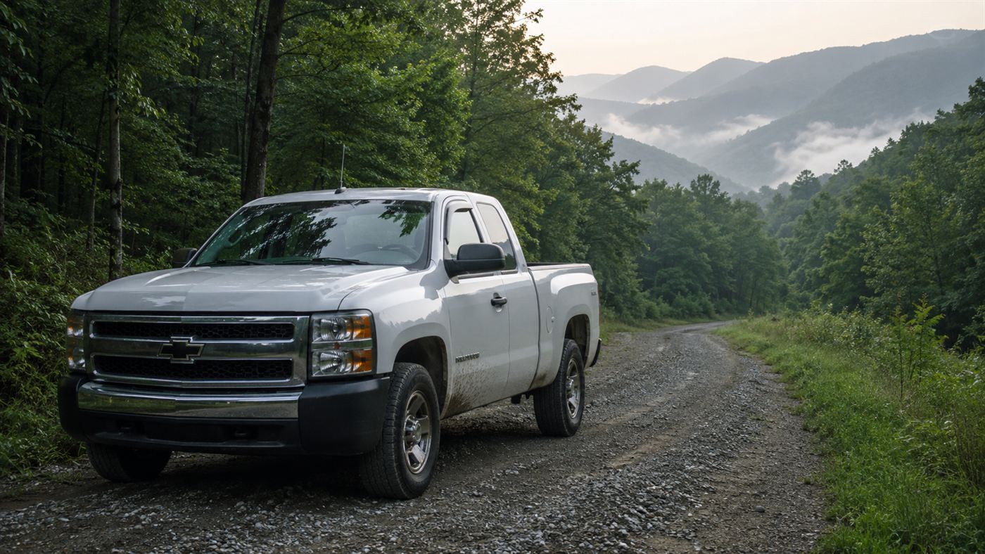 A diesel patrol truck from the Green Bank Observatory scanning for radio interference on a mountain road