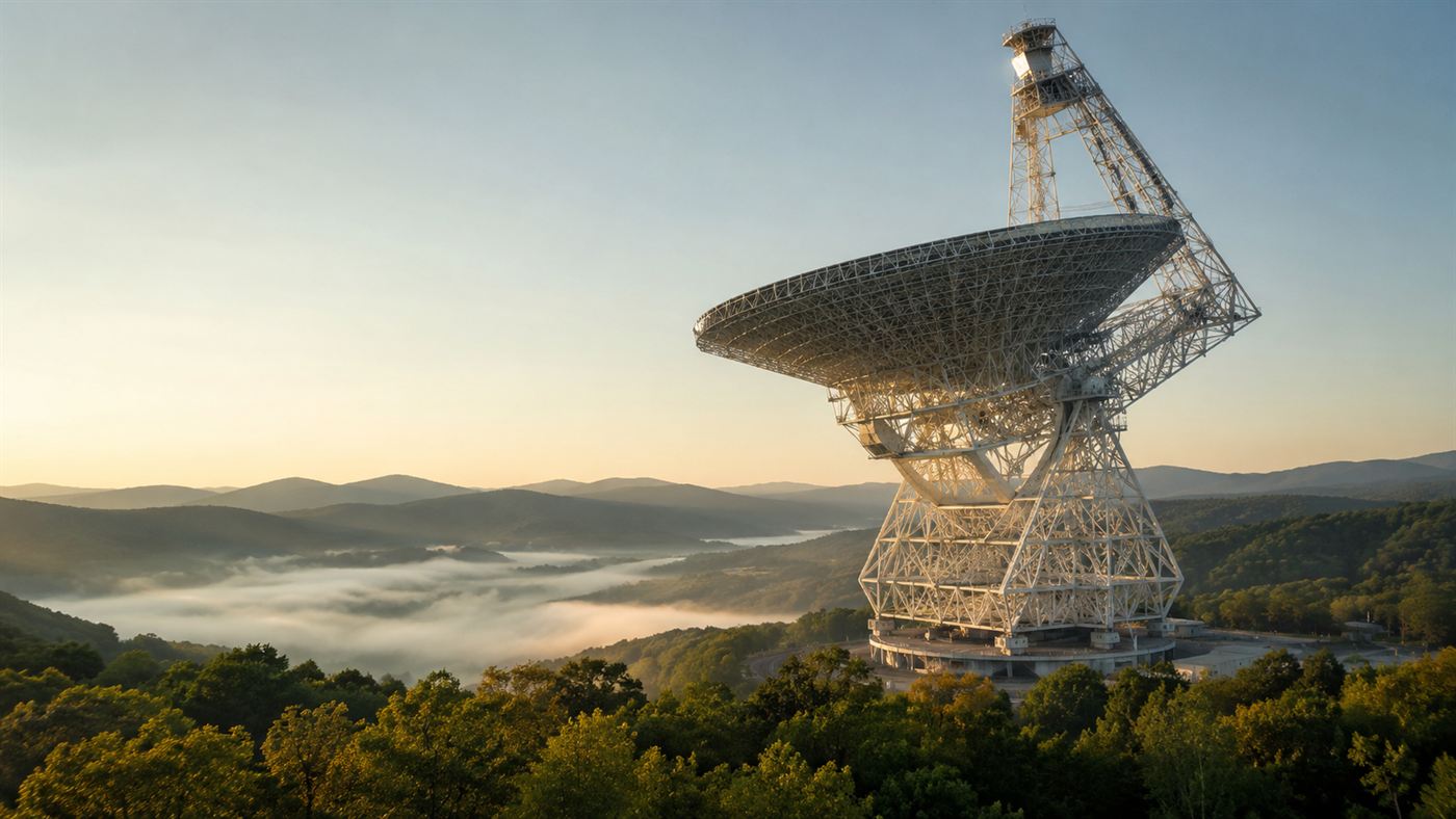 The Green Bank Telescope rising over the National Radio Quiet Zone in West Virginia at dawn