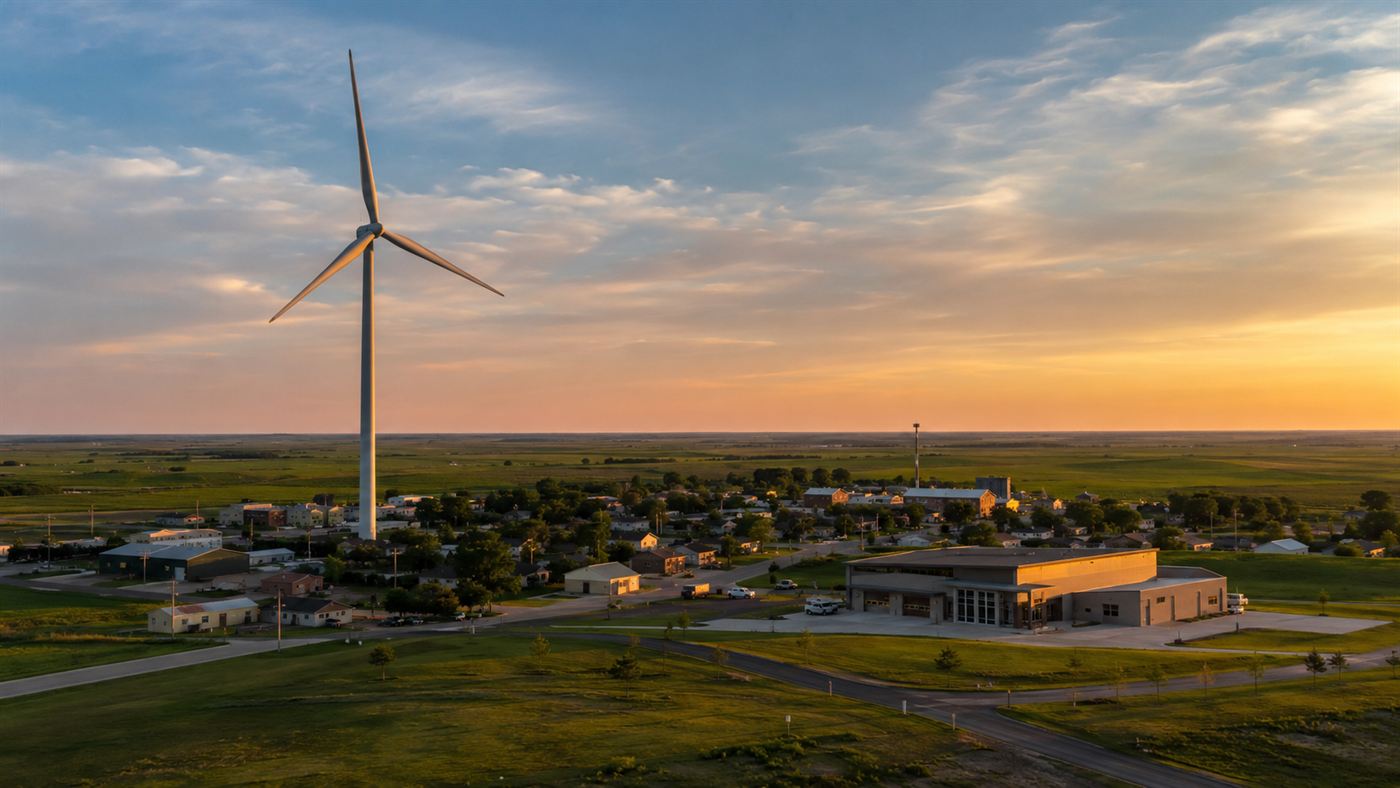 A wind turbine rising over the rebuilt prairie town of Greensburg, Kansas at sunset