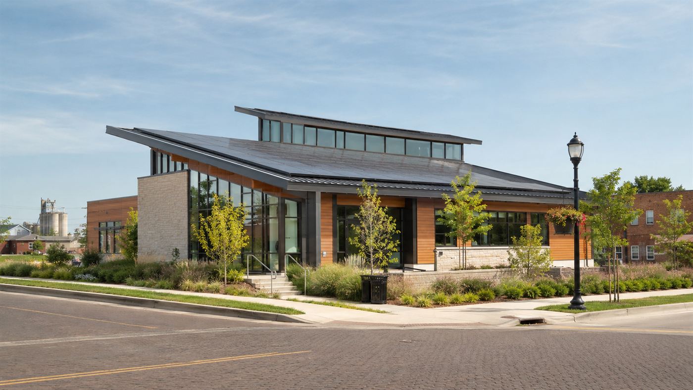 A modern LEED Platinum green civic building on the main street of rebuilt Greensburg, Kansas
