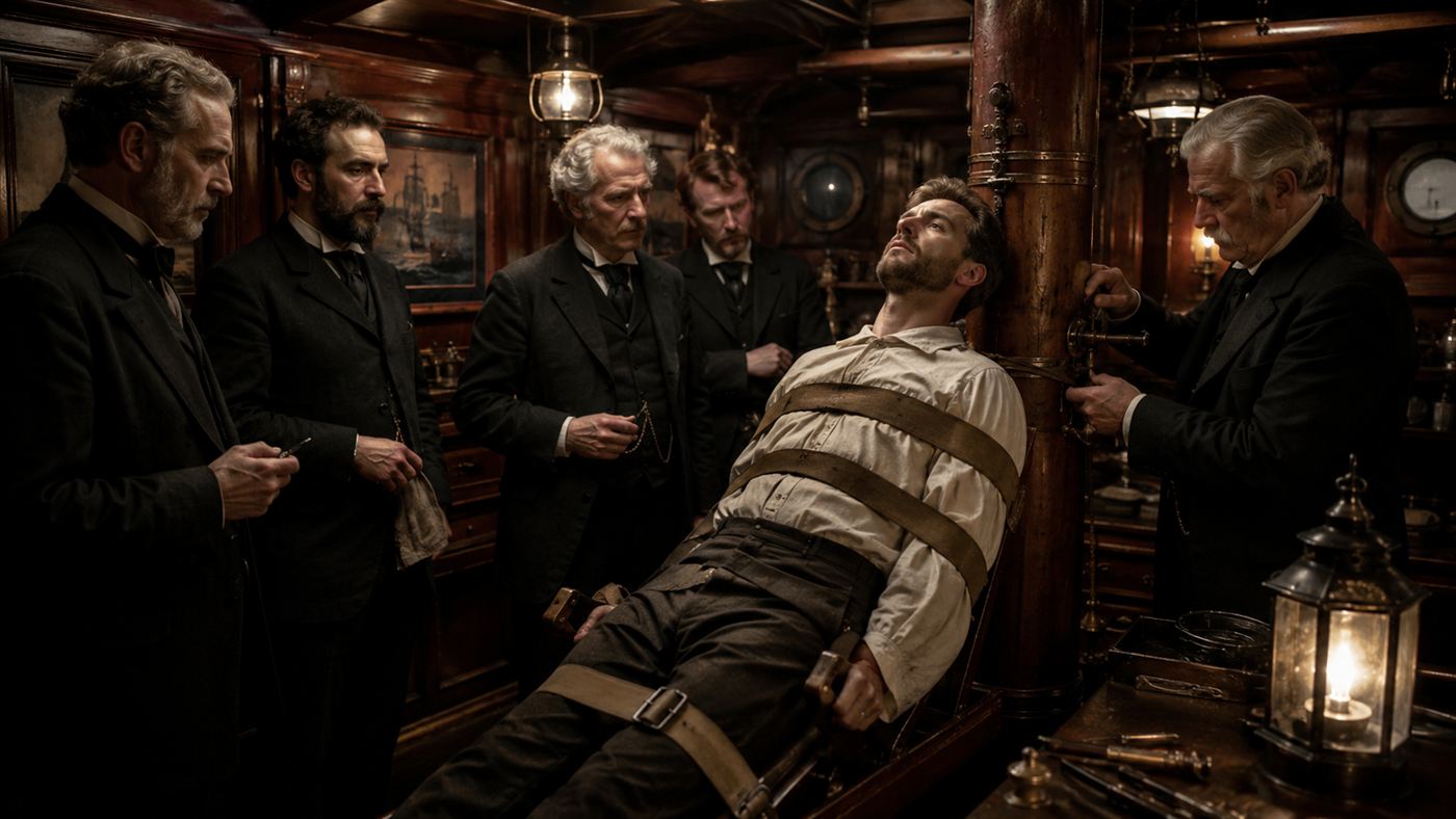 A recreation of Grover Cleveland's secret surgery aboard a yacht in 1893, surgeons around a reclining patient in a wood-panelled cabin