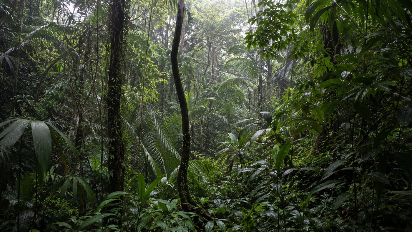 A lush but eerily silent tropical jungle on Guam, emptied of birds by the brown tree snake