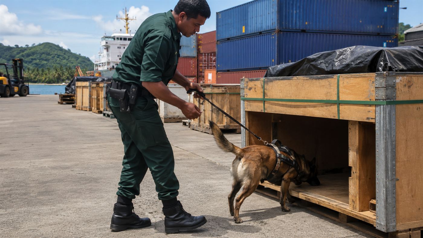 A sniffer dog and handler inspecting cargo at a Guam port to stop brown tree snakes stowing away