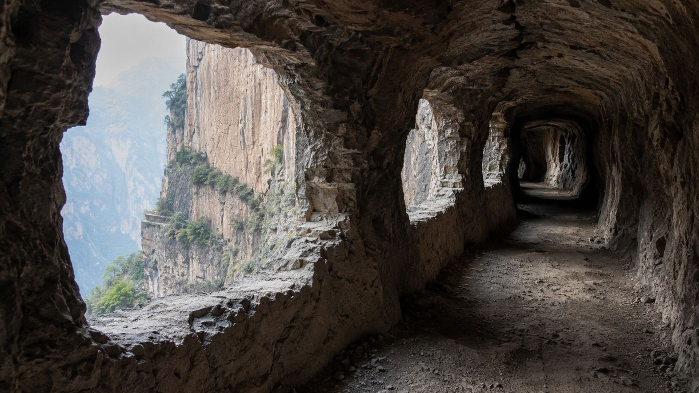 The Guoliang Tunnel, a rough rock road cut by hand into a vertical cliff with open windows letting daylight onto the floor