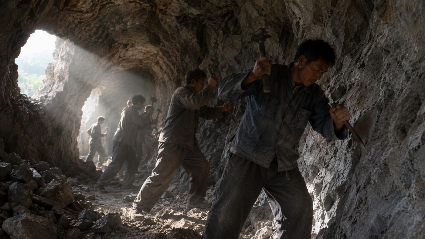 1970s Chinese villagers swinging hammers and holding chisels against the raw rock face inside the Guoliang Tunnel