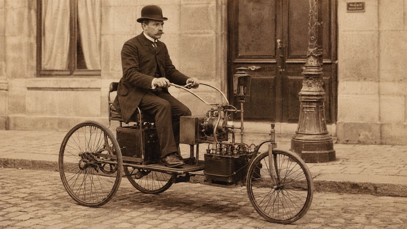 Gustave Trouve riding a three-wheeled electric tricycle through a Paris street in 1881