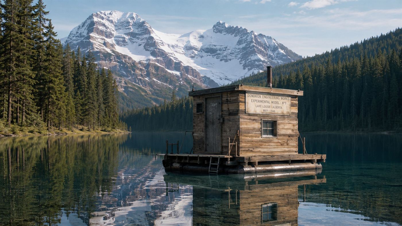A small wooden-clad ice prototype structure floating on a calm mountain lake in 1940s Canada