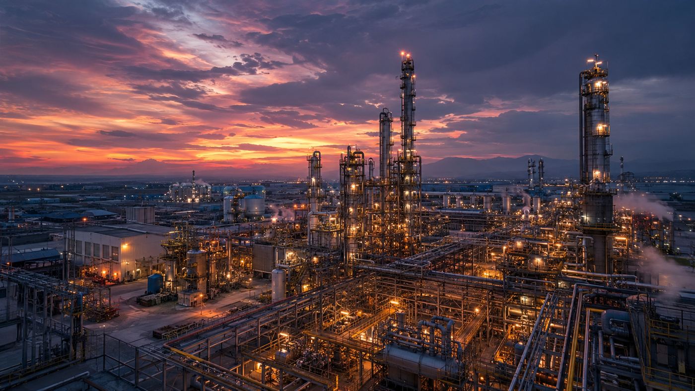 A large industrial ammonia plant with tall towers and pipework at dusk, where nitrogen from the air becomes fertilizer