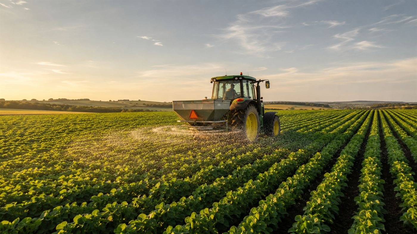 A tractor spreading synthetic fertilizer across a vast green field of crops under an open sky