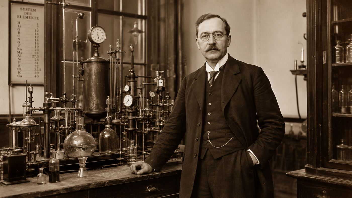 An early 20th-century chemist in a formal suit standing in a laboratory of glassware and pressure apparatus