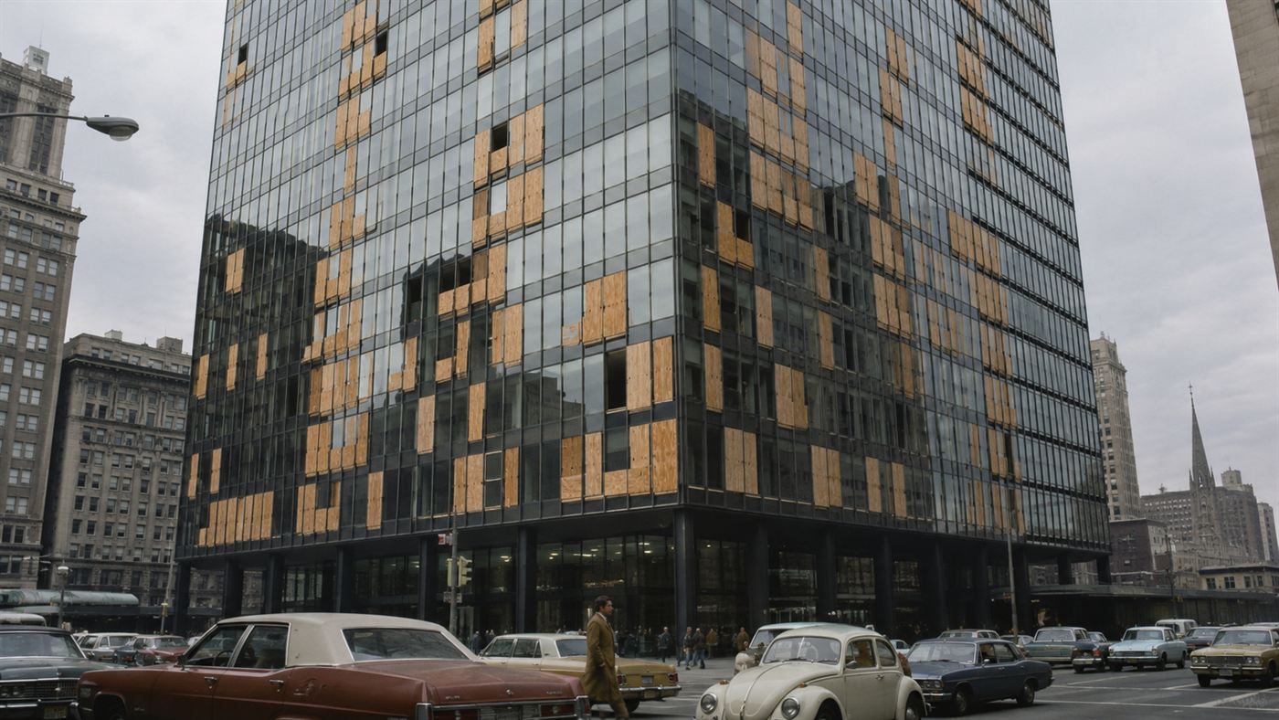 A 1970s skyscraper with many window openings covered by plywood sheets amid the reflective glass