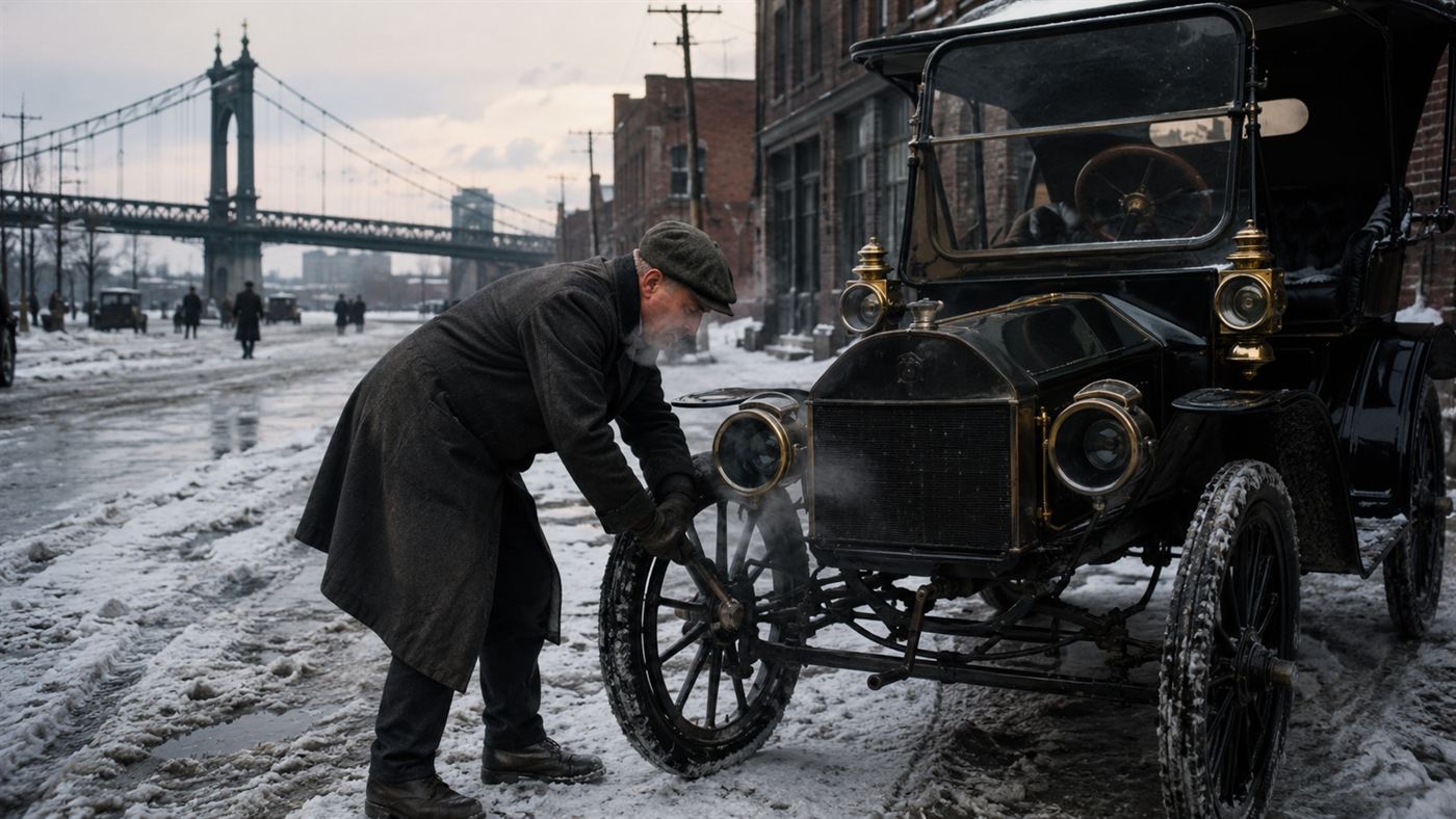 A man bending to turn the hand crank of an early automobile on a snowy Detroit street around 1910