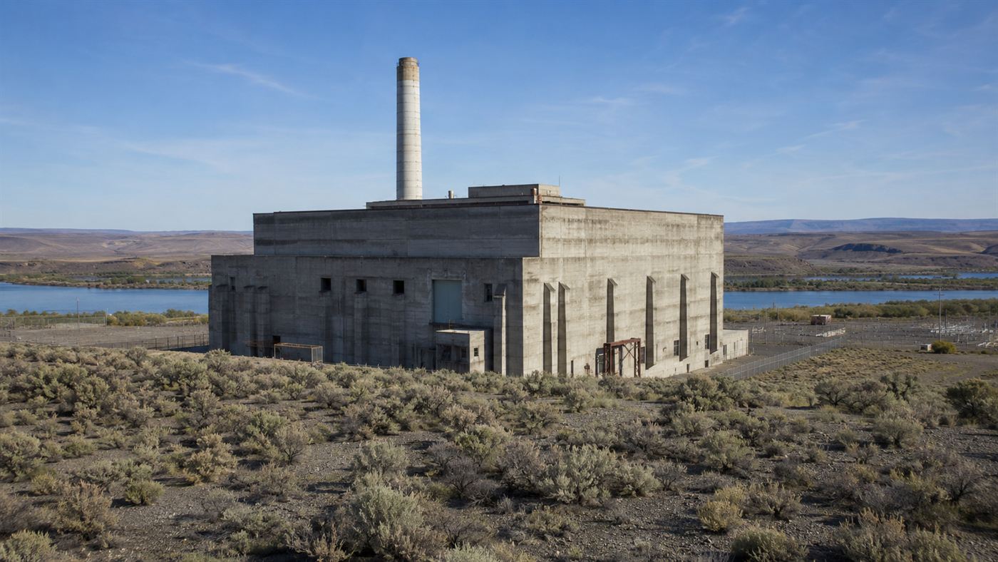 The B Reactor building at the Hanford Site in the Washington desert near the Columbia River