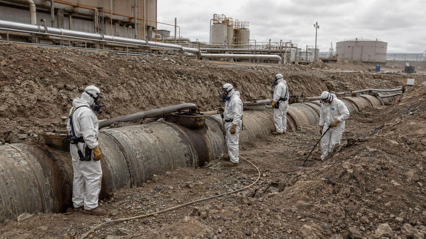 Workers in protective suits and underground waste tanks during the nuclear cleanup at the Hanford Site
