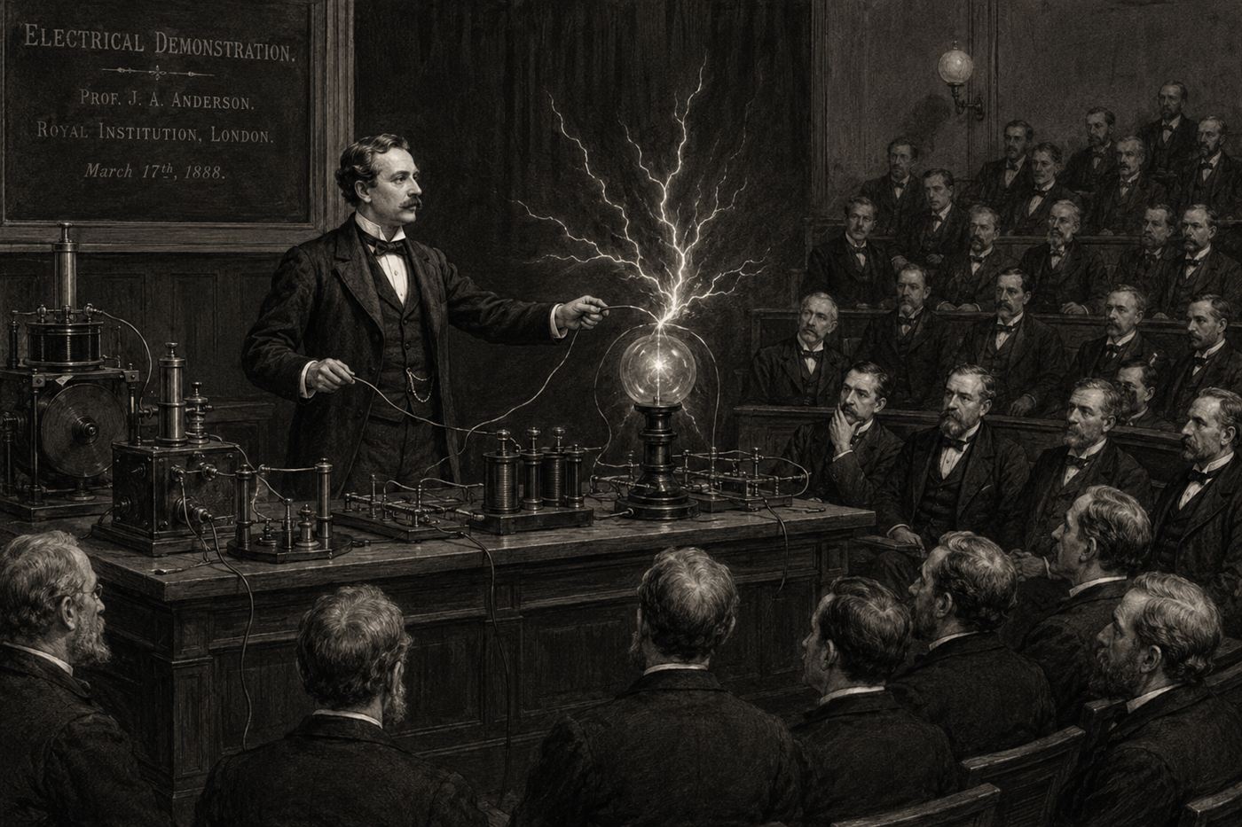 Harold Brown alternating current public demonstration 1888, Victorian-era scientist with electrical apparatus and wires demonstrating high-voltage AC electricity to an audience of suited gentlemen in a lecture hall
