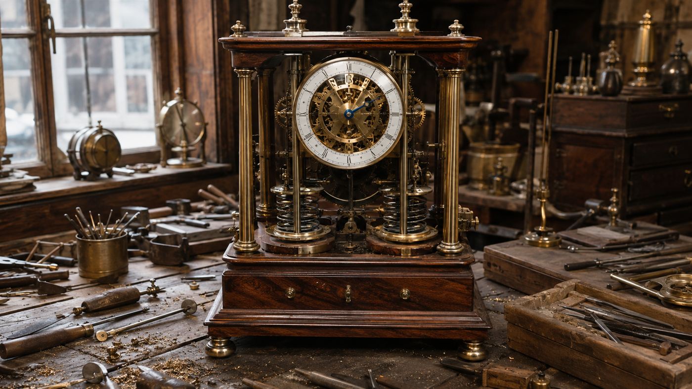 One of Harrison's early brass sea clocks on a workbench, part of the John Harrison longitude breakthrough