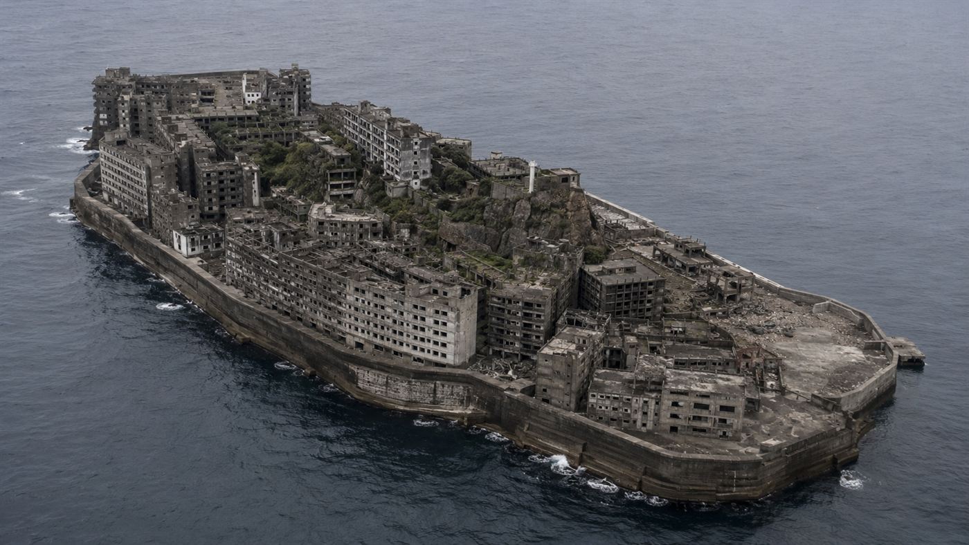 An aerial view of Gunkanjima, the Battleship Island, a dense block of grey concrete ruins ringed by a seawall in the open sea off Nagasaki