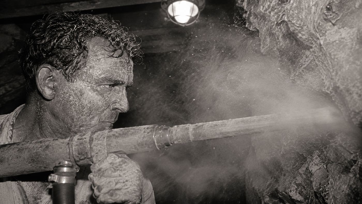 A tunnel worker coated in white silica dust drilling rock without a breathing mask
