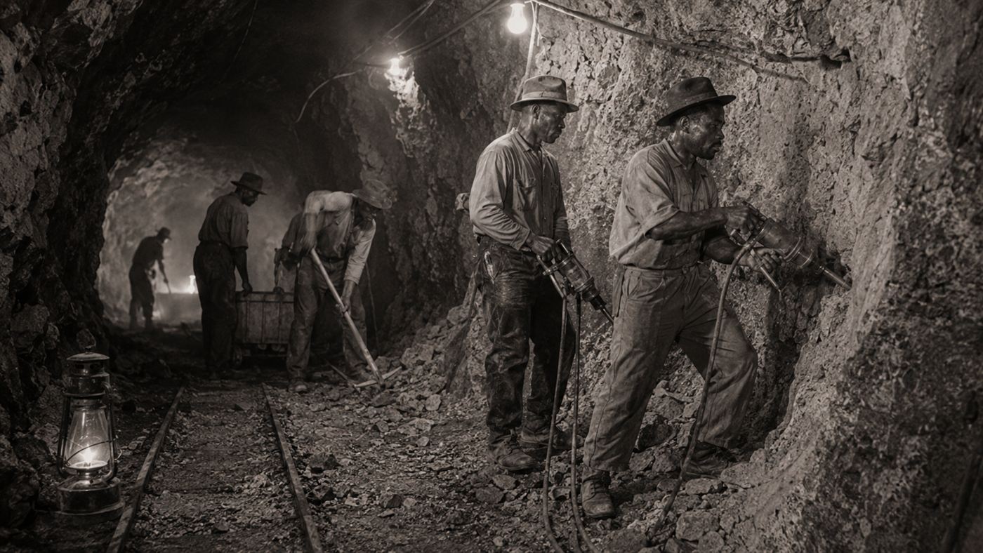 Black migrant workers drilling inside the dusty Hawks Nest Tunnel disaster site in 1930s West Virginia