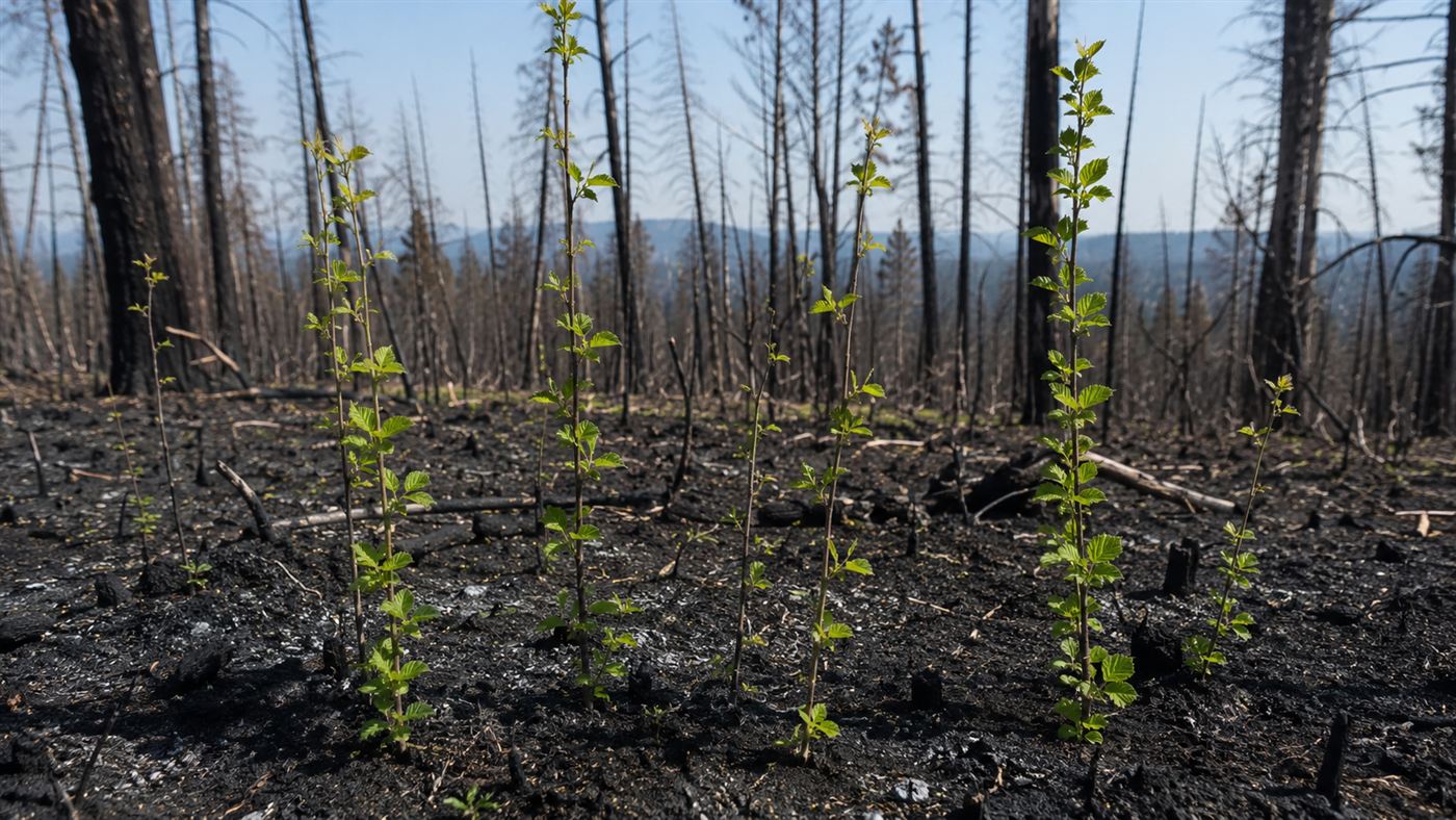Long straight hazelnut stems growing vigorously through black soil and ash after a cultural burn in a Northern California tribal forest, with green new growth emerging in the foreground