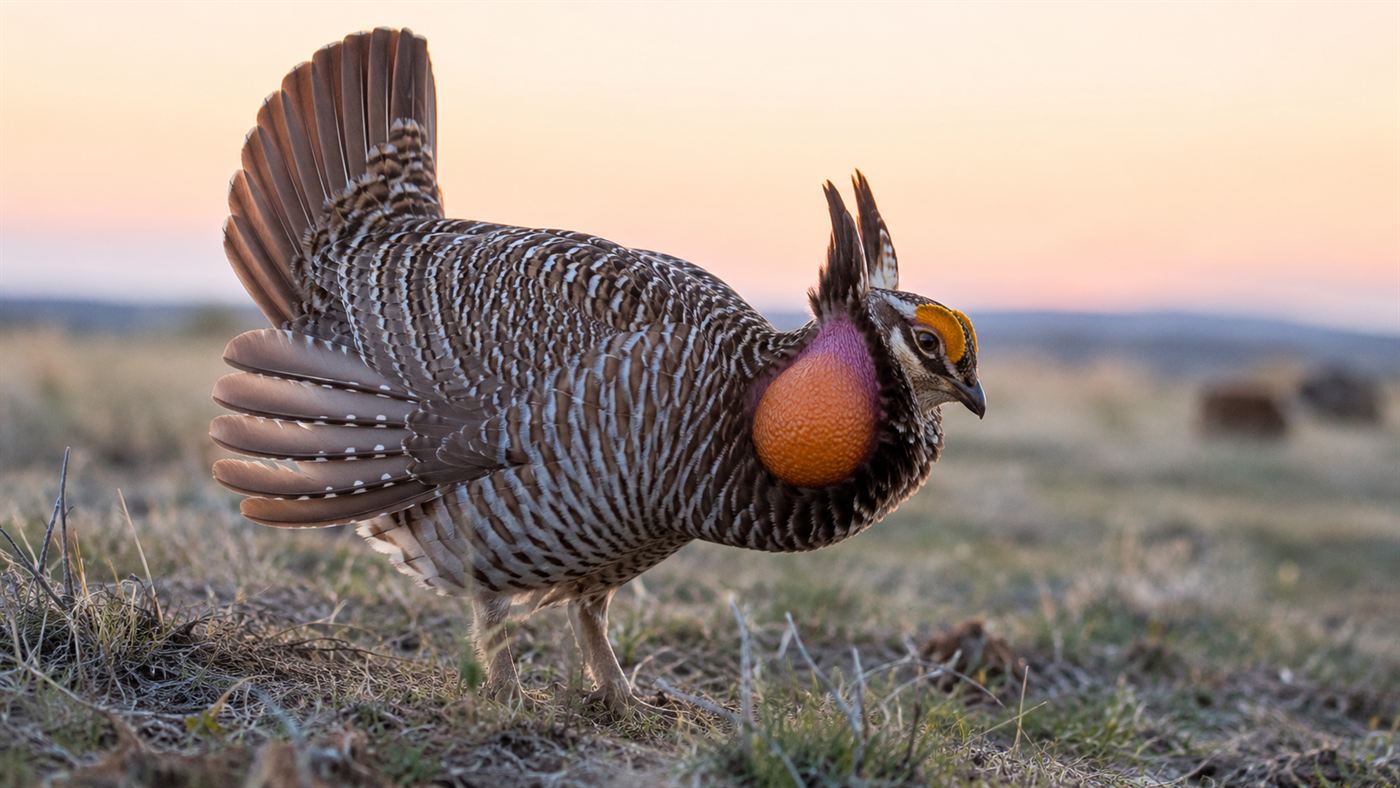 A heath hen booming with inflated orange neck sacs on a grassy heath
