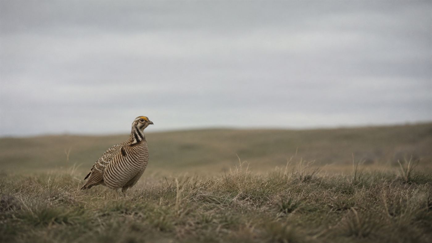 A single heath hen standing alone in an empty grassy field under a pale sky, evoking the last bird