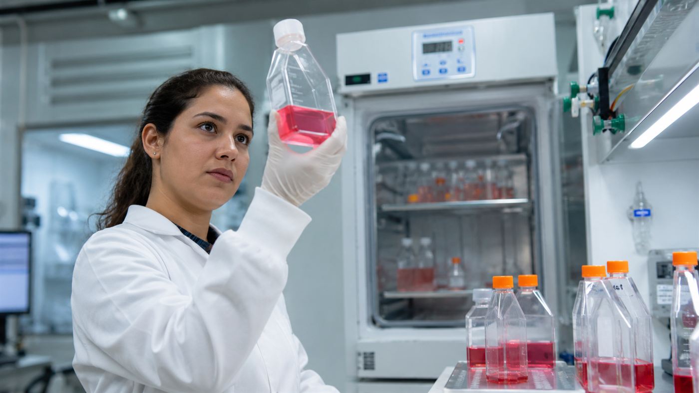 A scientist holding a flask of pink-red cell culture, the kind used to grow HeLa cells from Henrietta Lacks