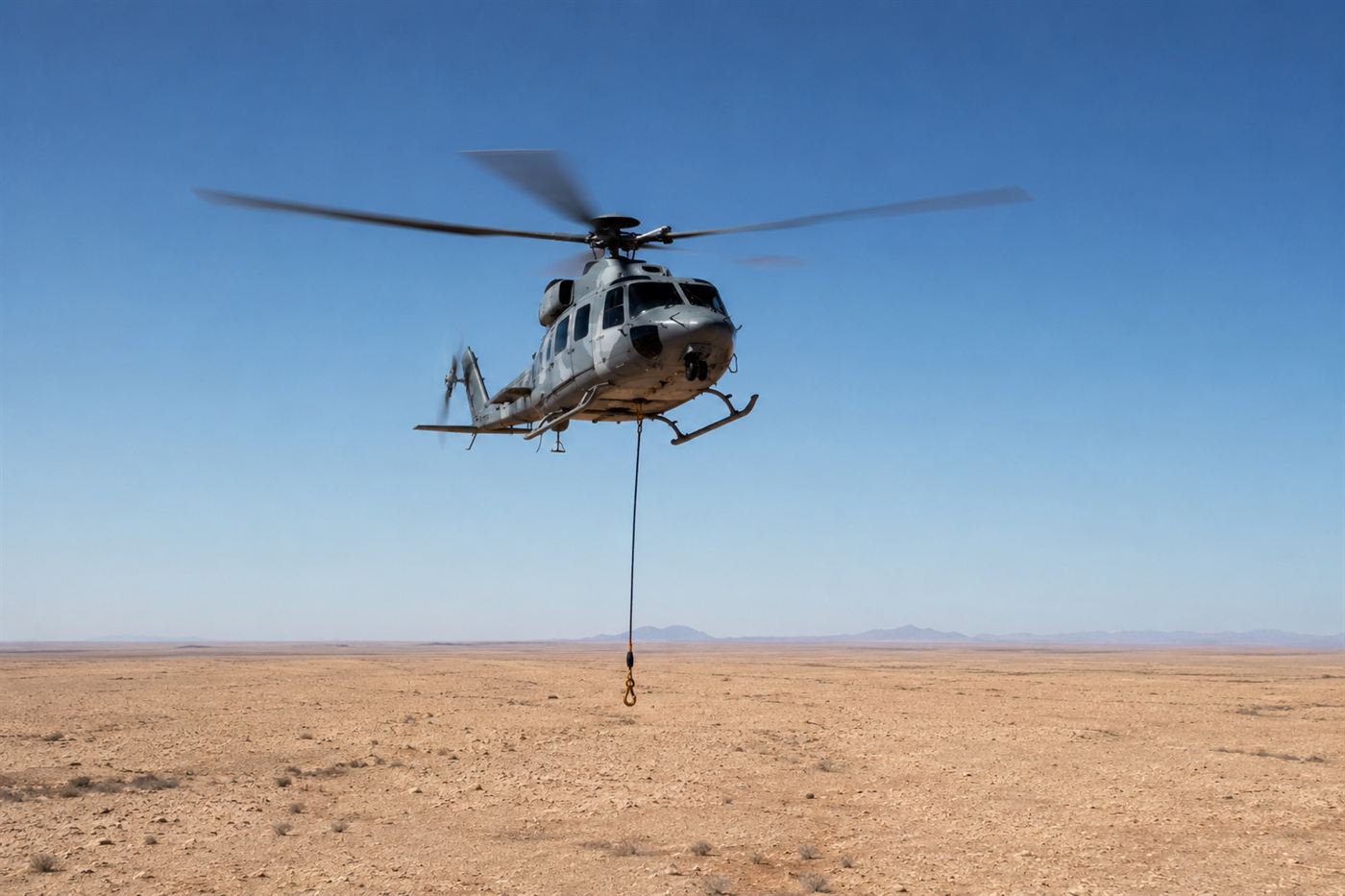 A helicopter with a long hook line flying low over the Utah desert against a clear blue sky, evoking the planned mid-air capture