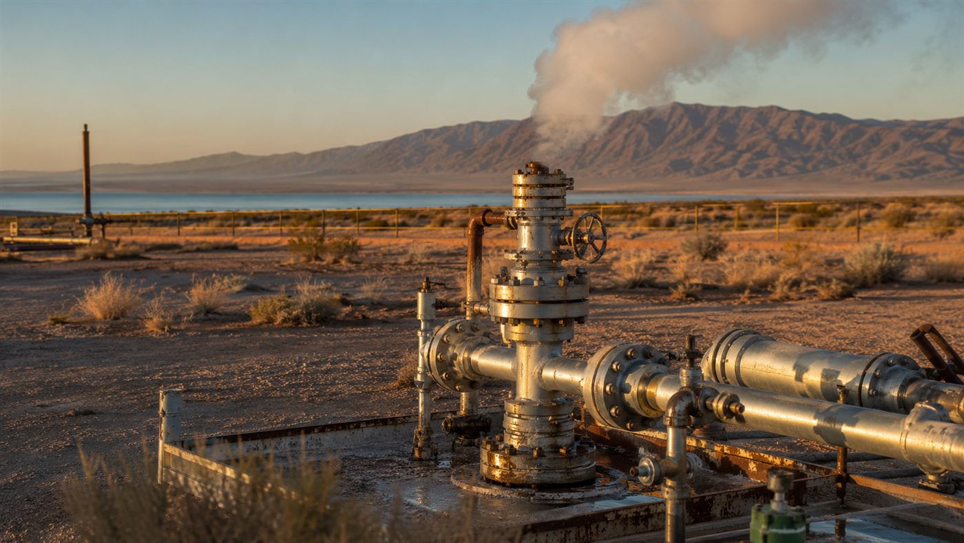 Steam rising from geothermal wellheads in a flat desert landscape in Imperial Valley, California, with pipes, drilling infrastructure, and a clear blue sky overhead