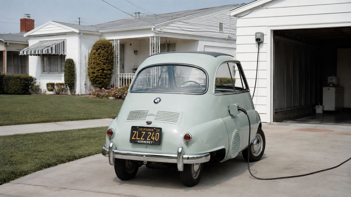 A 1959 Henney Kilowatt electric car plugged in to charge in a suburban driveway