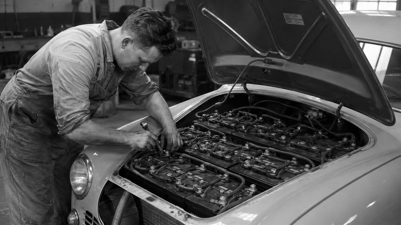The lead-acid batteries packed into a Henney Kilowatt electric car