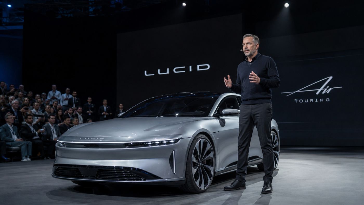 Henrik Fisker presenting a sleek silver electric luxury sedan on an auto show stage under spotlights