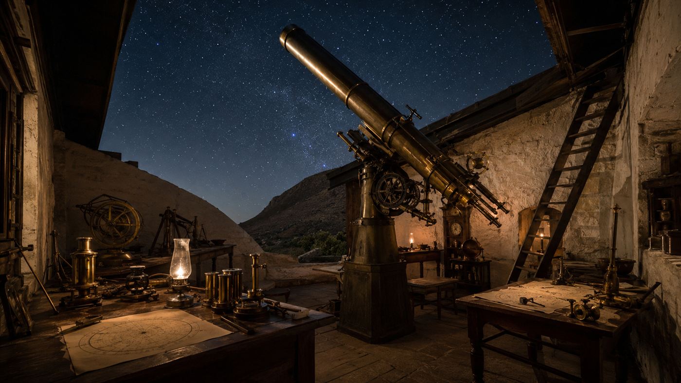 A large 1830s astronomical telescope on a hillside observatory at the Cape of Good Hope under a starry sky