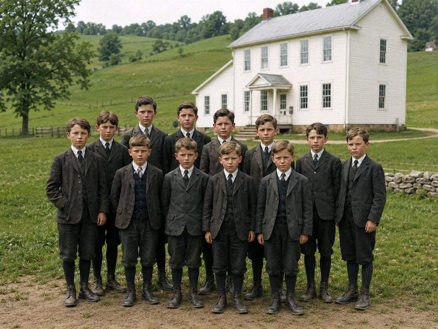 An early 1900s group of schoolboys in simple uniforms standing in front of a large farmhouse school building in the Pennsylvania countryside