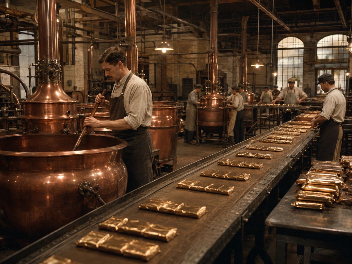 A 1910s chocolate factory interior with workers tending large copper vats and conveyor lines of milk chocolate bars in warm light
