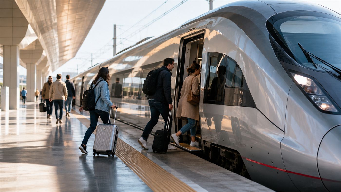 Passengers boarding a sleek high-speed electric train at a modern station platform