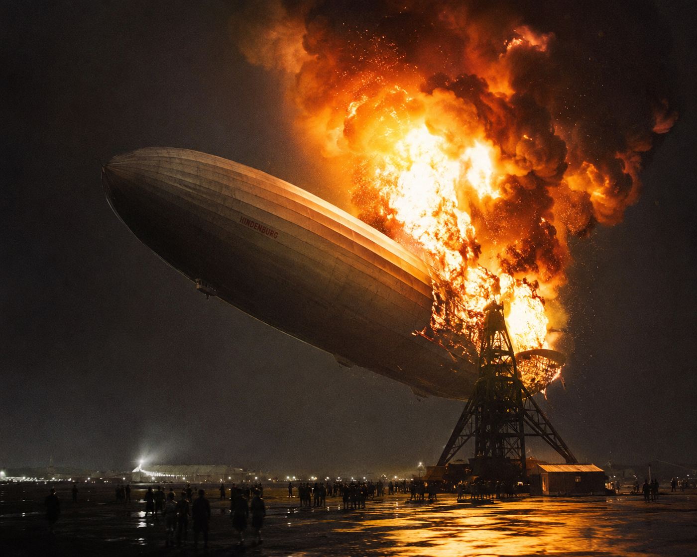 The Hindenburg airship on fire over Lakehurst New Jersey in 1937, massive zeppelin burning with orange and red flames, thick black smoke rising into the night sky