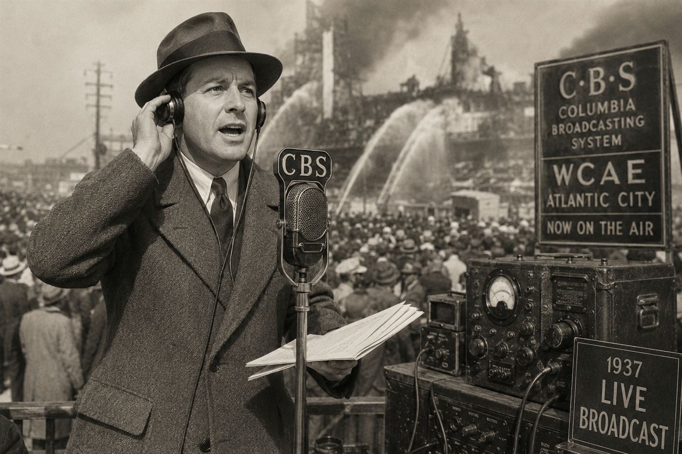A 1930s radio reporter at an outdoor broadcast microphone, vintage radio equipment, art deco era, capturing a live event in the style of Herbert Morrison at Lakehurst 1937