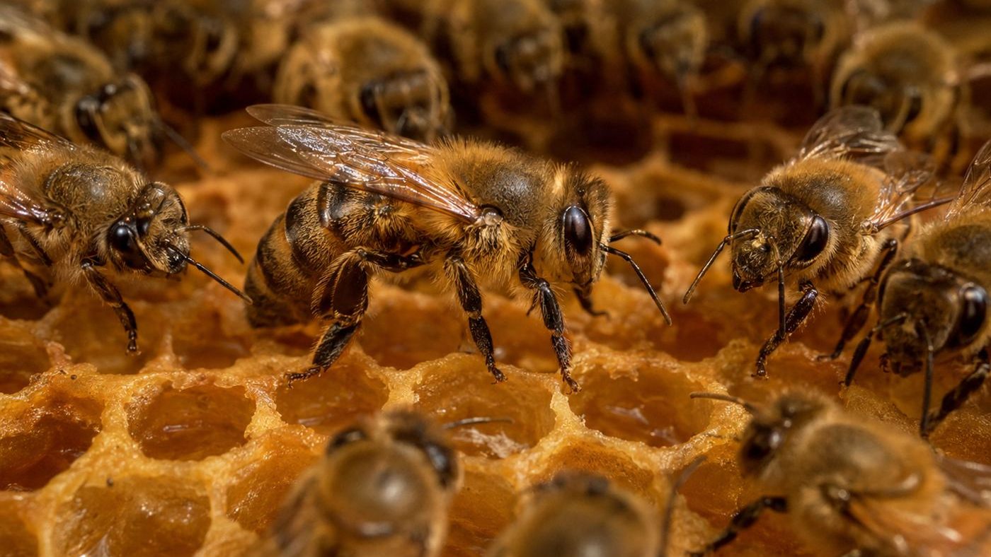 A honeybee on honeycomb surrounded by other bees, performing the waggle dance to share directions