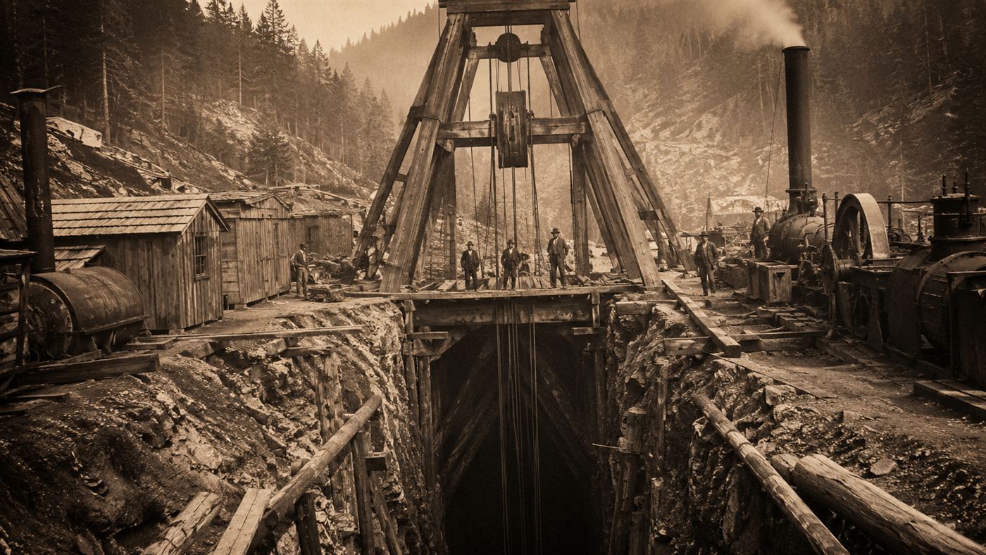 The deep vertical central shaft of the Hoosac Tunnel with hoisting machinery at the surface, descending into darkness