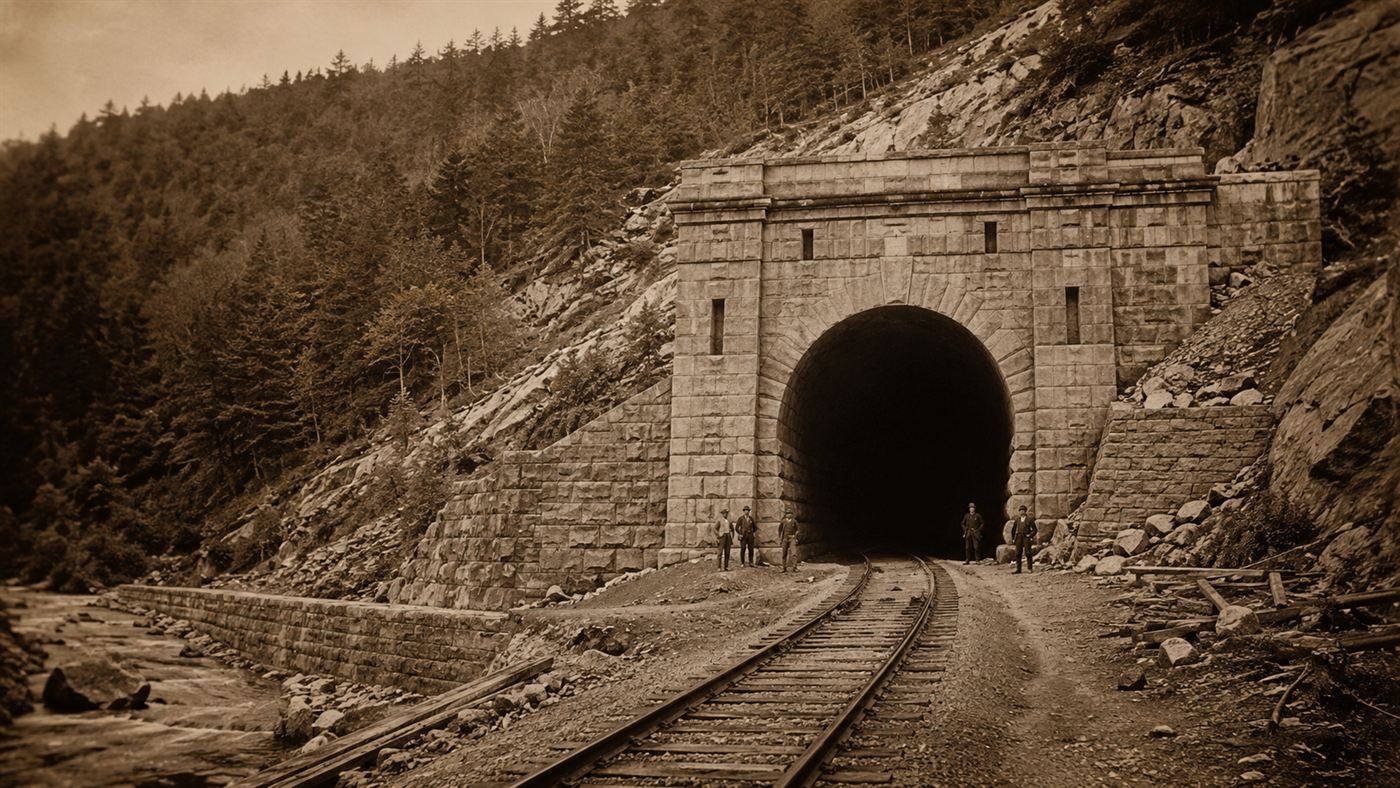The great stone portal entrance of the Hoosac Tunnel set into a wooded Massachusetts mountainside in the 1870s, railroad tracks leading in