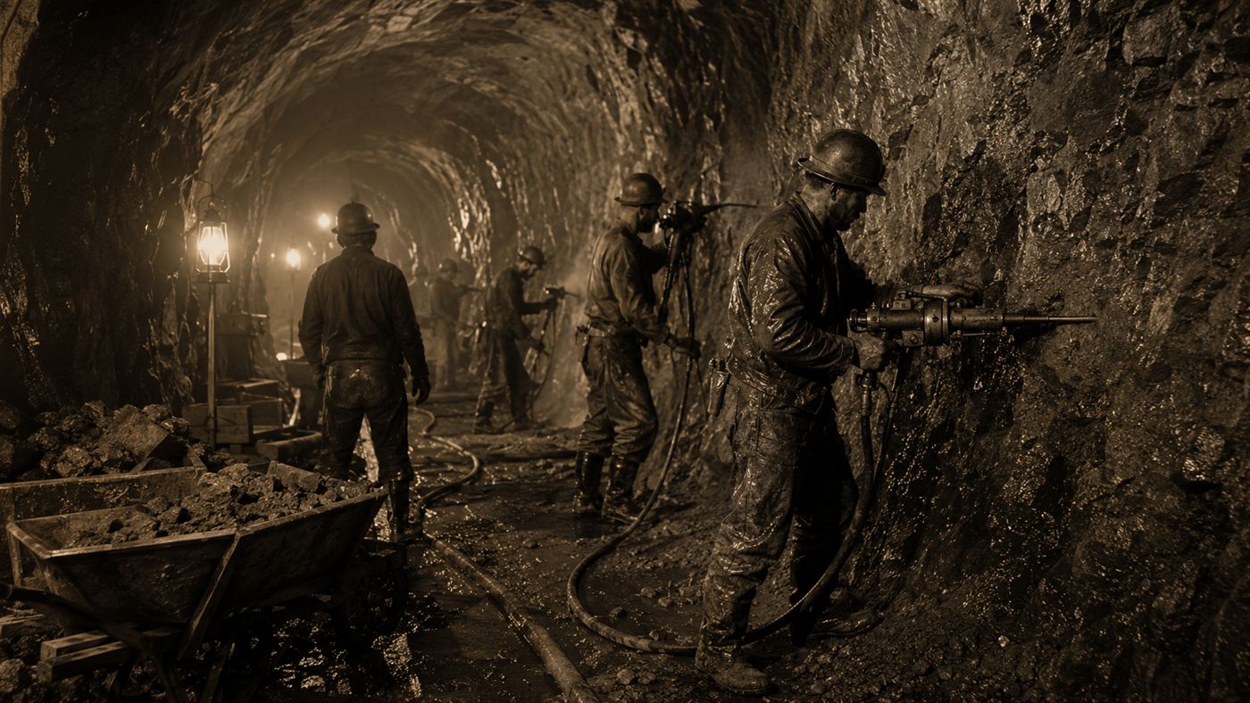 Workers by lamplight drilling into the dark rock face deep inside the Hoosac Tunnel in the 1870s using early power drills