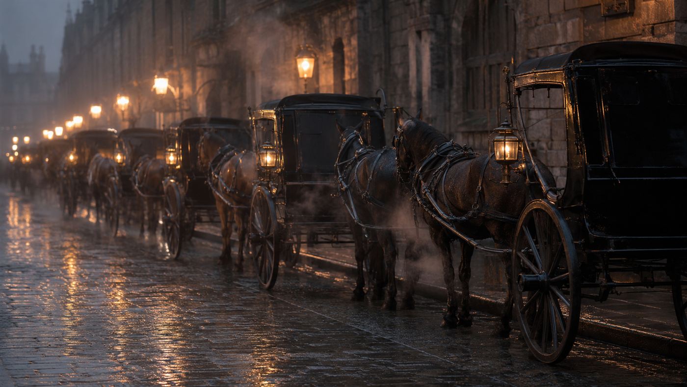 A long line of horse-drawn hansom cabs on a wet cobblestone Victorian city street with gas lamps