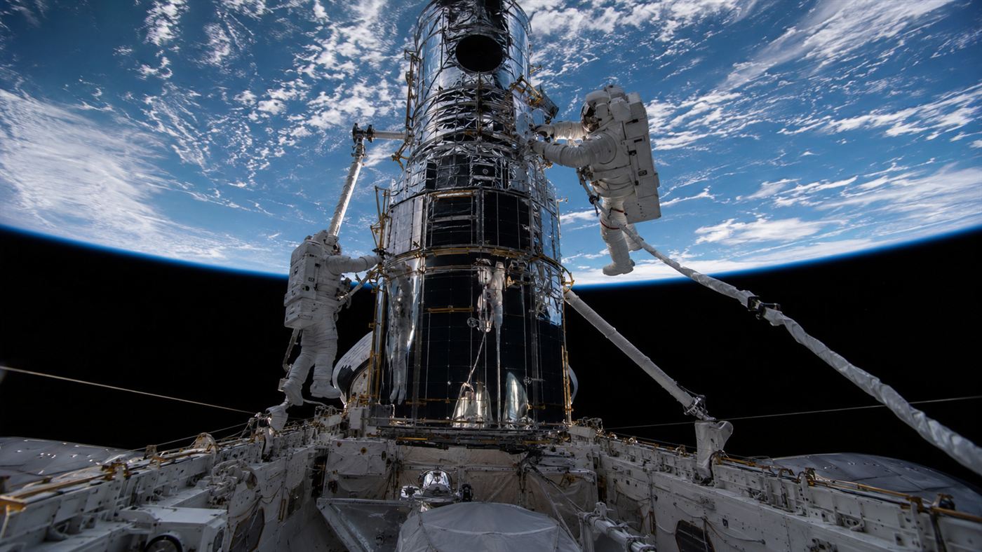 Astronauts on a spacewalk working on the Hubble Space Telescope held in the shuttle's cargo bay