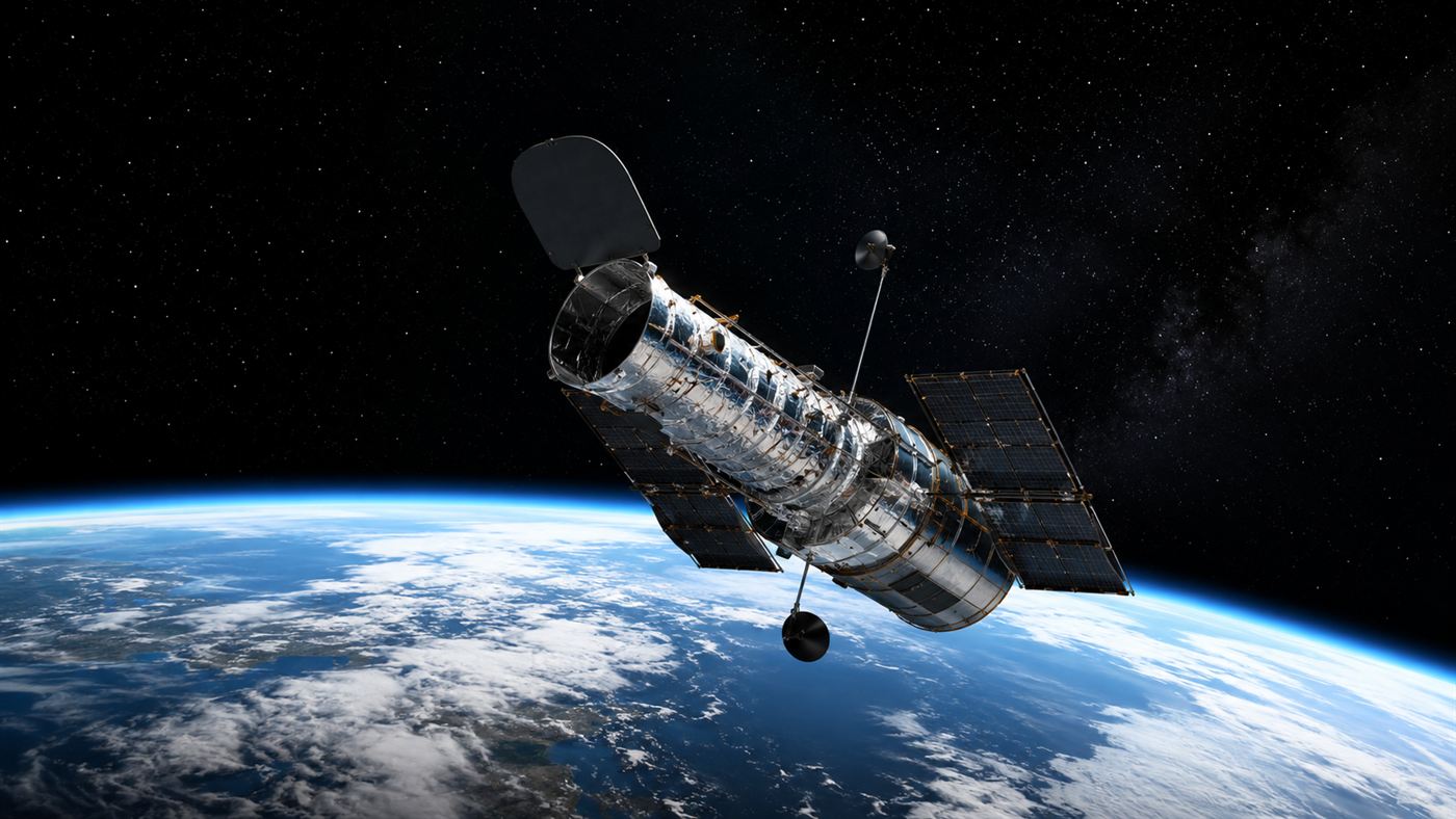 The Hubble Space Telescope in orbit above the blue curve of the Earth