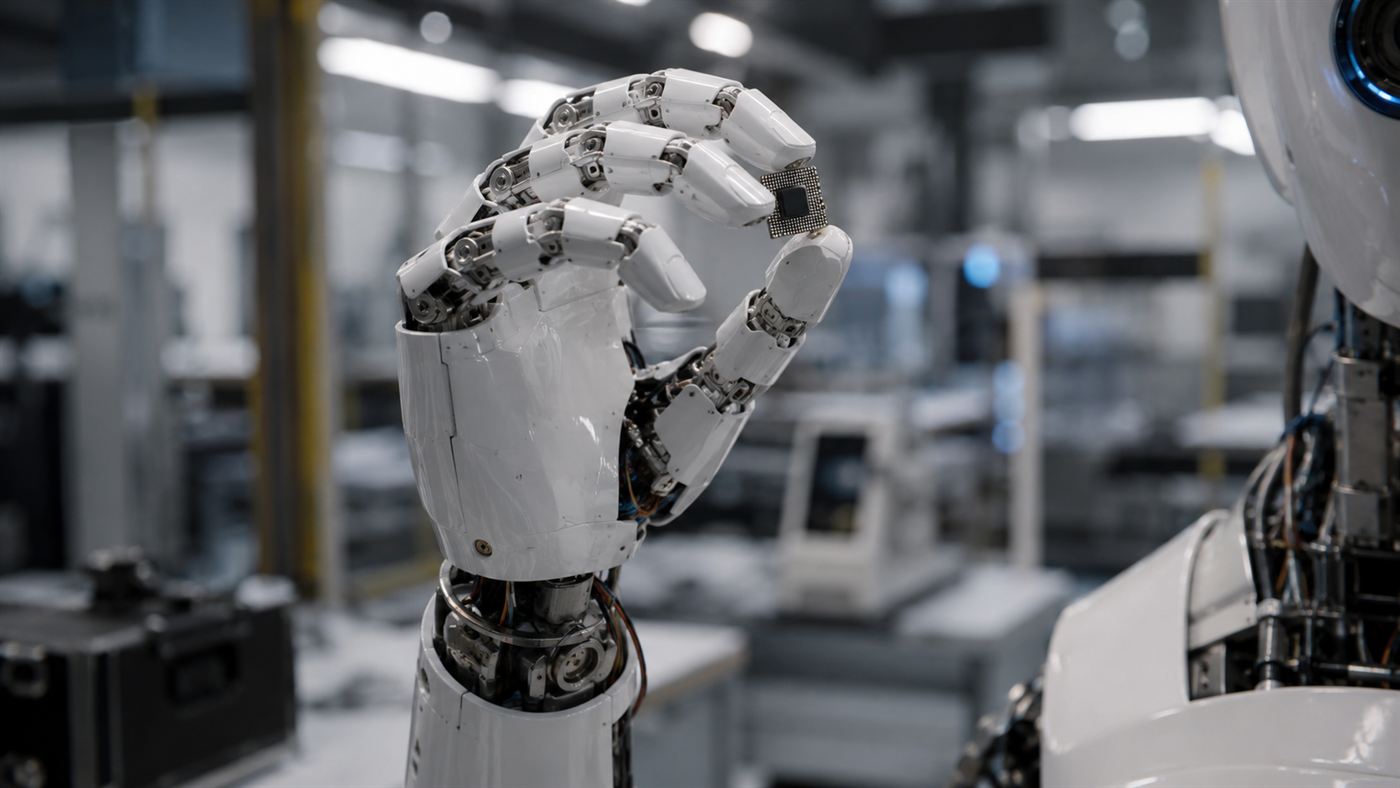 Close-up of a humanoid robot's detailed mechanical hand gripping a small object during testing in a lab